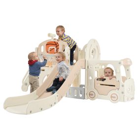 Kids Slide Playset Structure 9 in 1: Freestanding Castle Climbing Crawling Playhouse with Slide, Arch Tunnel, Ring Toss, Realistic Bus Model & Basket