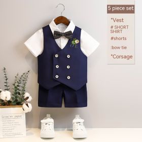 Boys Spring And Summer Short Sleeve Vest And Pant Suit (Option: Navy Blue 5 Pieces-80cm)