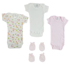 Preemie Onezies and Mittens - 5 Pcs Set (Color: Pink, size: Preemie)