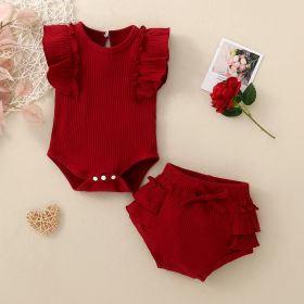 White Flounced Sleeve Shorts Bodysuit (Option: Red-70)