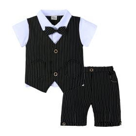 Gentleman's British Summer Fake Two-piece Vest Knitted Shirt And Short With Bow Tie (Option: Black-80)