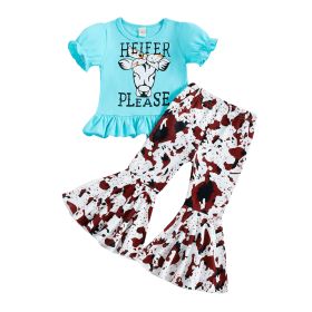 Animal Letter Printing Leopard Print Bell-bottom Pants Two-piece Set (Option: Light Blue-80cm)