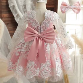 Girls Embroidered Birthday Christening Wedding Lace Dress With A Hair Band (Option: Pink-9M)