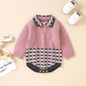 Baby Plaid Pattern Polo Neck Knit Triangle Bodysuit (Color: Pink, Size/Age: 59 (0-3M))