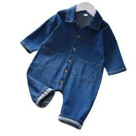 Baby Boy Back Printed Pattern Full Buckle Front Design Long Sleeves Jumpsuit (Color: Blue, Size/Age: 100 (2-3Y))