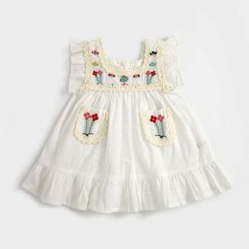 Baby Girls Floral Embroidery Lace Patchwork Square Collar Puff Sleeves Dress In Summer (Color: White, Size/Age: 90 (12-24M))