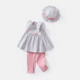 Baby Girls Floral Print Sleeveless Dress Combo Pink Solid Pants With Sun Hat In Sets (Color: Pink, Size/Age: 100 (2-3Y))