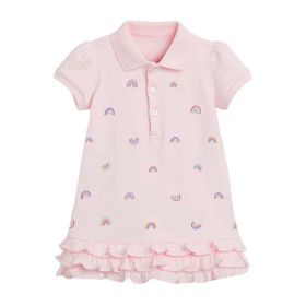 Kids Pink Rainbow Pattern Patchwork Ruffles Design Dress (Color: Pink, Size/Age: 110 (3-5Y))