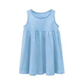 Baby Girls Solid Round Collar Design Sleeveless Dress In Summer (Color: Blue, Size/Age: 90 (12-24M))