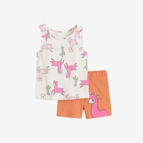 Baby Girl Cute Print Pattern Sleeveless Crewneck T-Shirt Summer Sets (Color: Pink, Size/Age: 110 (3-5Y))