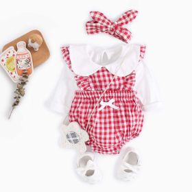 Baby Girl Doll Neck Solid Shirt & Red Plaid Graphic Bow Patched Bodysuit 1 Pieces Sets (Color: Red, Size/Age: 66 (3-6M))