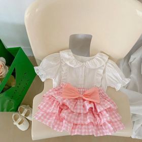 Baby Girl Solid Blouses Plaid Pattern Princess Skirt Sets (Color: Pink, Size/Age: 90 (12-24M))