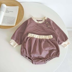 Baby Girl Striped Pattern Shoulder Buckle Design Tops Combo Shorts Sets (Color: Brown, Size/Age: 80 (9-12M))