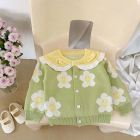 Baby Girl Flower Pattern Colorblock Design Knit Cardigan (Color: Green, Size/Age: 100 (2-3Y))