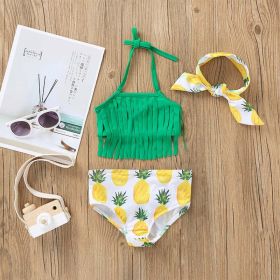 Baby Girl Tassel Design Belted Tops Combo Fruit Pattern Shorts Swimsuit (Color: Green, Size/Age: 90 (12-24M))