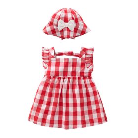 Baby Girls Plaid Print Cotton Design Square Collar Sleeveless Dress With Bow Hat In Summer (Color: Red, Size/Age: 80 (9-12M))