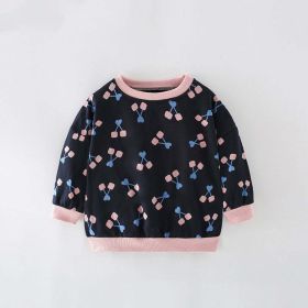 Baby Girl Cherry Print Pattern Simple Colorblock Design Hoodie (Color: Black, Size/Age: 110 (3-5Y))