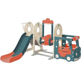 Kids 5 in 1 Slide Set with Bus Play Structure; Freestanding Bus Toy with Slide & Swing for Toddlers; Bus Slide Set with Basketball Hoop (Color: Red)