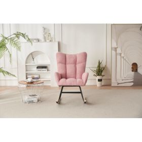 Rocking Chair Nursery, Solid Wood Legs Reading Chair with Teddy Fabirc Upholstered , Nap Armchair for Living Rooms, Bedrooms, Offices, Best Gift (Material: Polyester, Color: Pink)