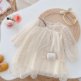 Girls Mesh Dress Lace Long Sleeve Dress (Option: Apricot-80cm)