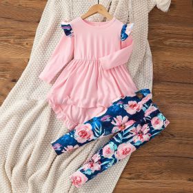 Girl's Flounced Sleeve Printing Suit (Option: Pink-80)